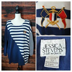 Jessica Stevens Vintage 90s Top Plus Size 22 Nautical Navy Blue White Striped